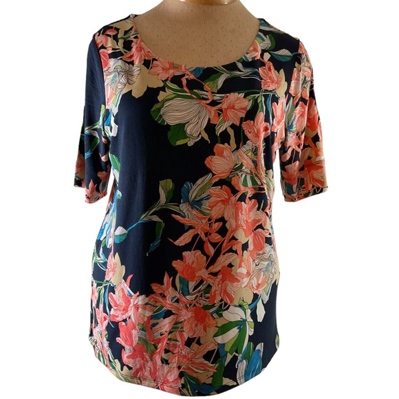 Chico's Size 2 Large Floral Top Navy Multicolor Rayon Blend Short Sleeve Shirt - Picture 1 of 9